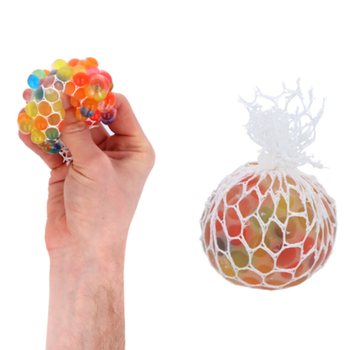 BALLES ANTI-STRESS SQUEEZY BEADZ AVEC FILET EN PR&Eacute;SENTOIR (36 pcs)