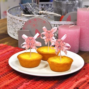 Pique pour Cupcake Naissance - Ourson Rose (12 pcs)