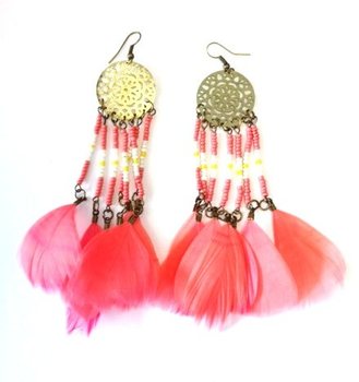 Boucles d'oreilles plume et perles style Ibiza Pêche (1 pc)