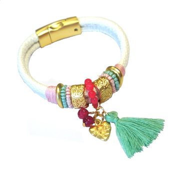 Bracelet Ibiza Blanc avec Pompon et Charme Cœur (1 pc)