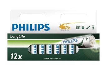 12x PILES "PHILIPS - SUPER HEAVY DUTY" AA - LONGLIFE (12 pcs sur Blister)
