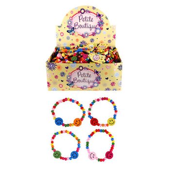 BRACELETS SMILEY JOYEUX EN BOIS POUR ENFANTS EN PRÉSENTOIR (144 pcs)