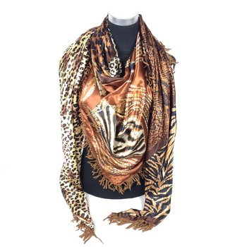 Écharpe triangle de luxe réversible Tigre / Marron à franges (1 pc)