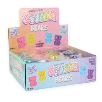 OURS SQUEEZE - AVEC REMPLISSAGE SUCRE - COULEURS MIX EN PR&Eacute;SENTOIR (12 pcs)