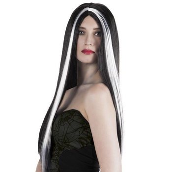 Perruque Longue Noire avec Mèches Blanches (1 pc)