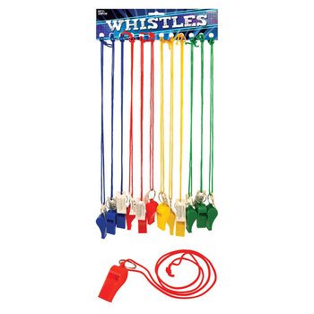 SIFFLETS COLORÉS ASSORTIS AVEC CORDON (12 pcs)
