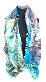 Écharpe de Luxe Réversible Style Ibiza Menthe/Bleu/Fleurs (1 pc)
