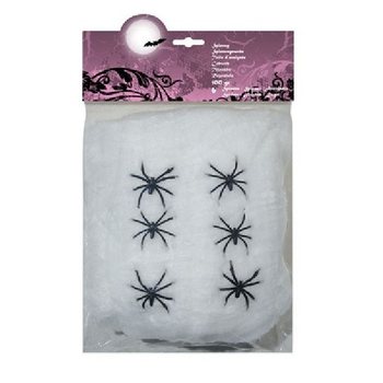 Toile d'Araignée Décorative 100g avec 6 Araignées - Blanc (4 pcs)